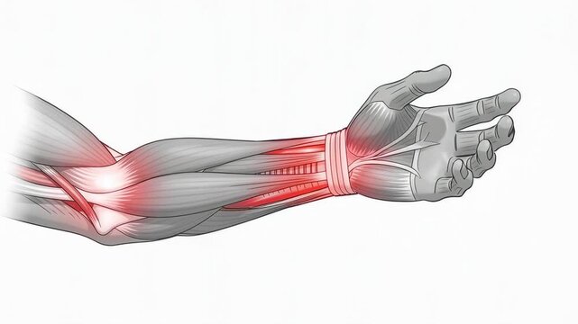 Detailed medical illustration of forearm muscles and tendons highlighting areas of pain and inflammation