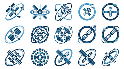 Elegant Collection of Modern Space Station and Satellite Orbit Illustrations in Blue and Dark Blue Shades © halim