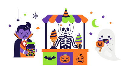 Naklejka premium Spooky Sweet Treats: A whimsical Halloween scene featuring a vampire, a skeleton ice cream vendor, and a playful ghost enjoying sweet treats, evoking the fun and festive spirit of the holiday.