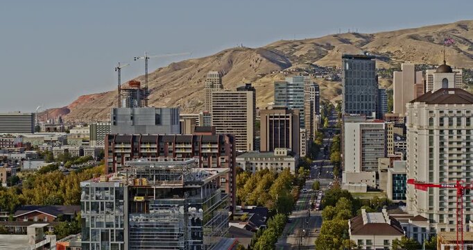 Salt Lake City Utah Aerial v13 low level drone fly around central downtown looking north up main street capturing capitol hill mountainous neighborhood - Shot with Inspire 2, X7 camera - October 2021