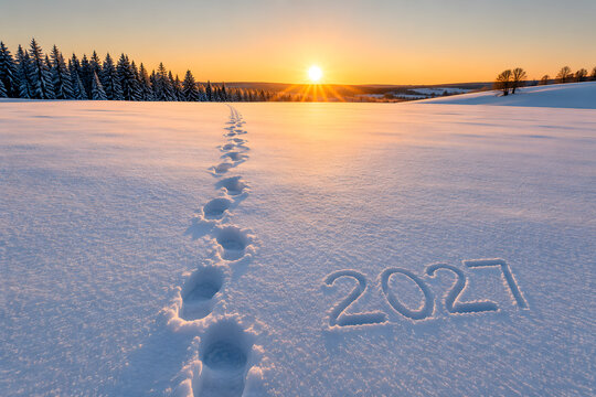 Conceptual image of year 2027 footprints leading towards bright sun on snow covered field.