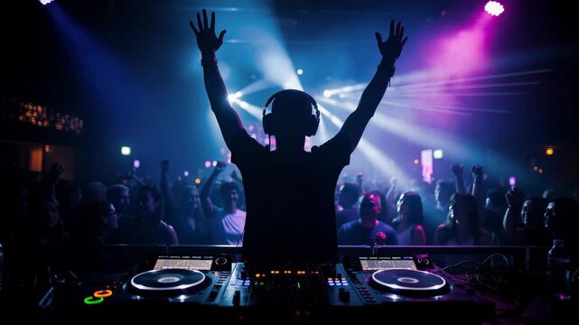 Crowd enjoying live DJ music at nightclub party with colorful lights and energetic atmosphere