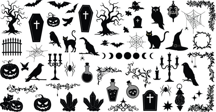 Set of black silhouette icons for halloween featuring pumpkins bats cats coffins trees moon phases and various gothic mystical elements