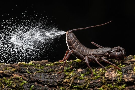 Lateral macro of whip scorpion spraying defensive acid droplets