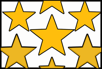 Fototapeta premium Seamless repeating pattern of hand-drawn yellow five-pointed stars with bold black outlines, set on a clean white background. Playful simple design perfect for decorations, stationery, textiles, party