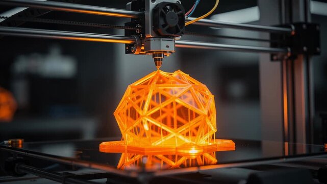 Orange geometric object being created by a modern 3D printer in high technology manufacturing