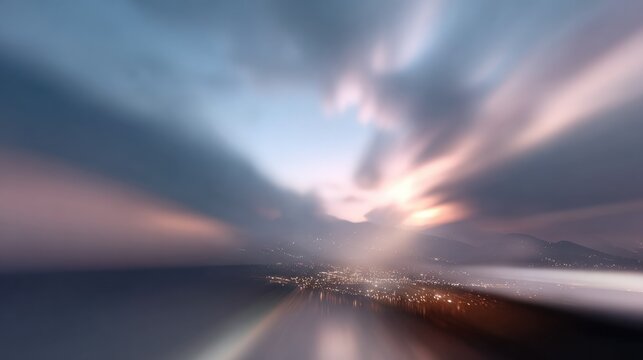 Cityscape at Dusk: The city lights twinkle below as a dramatic sky with blurred clouds unfolds during a surreal sunset.