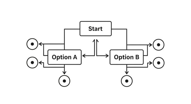 Decision Tree Flowchart: Start, Option A, Option B with Multiple Outcomes