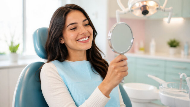 A woman with long dark hair smiles while looking at her reflection in a mirror at a dental clinic. Dental care and patient satisfaction.