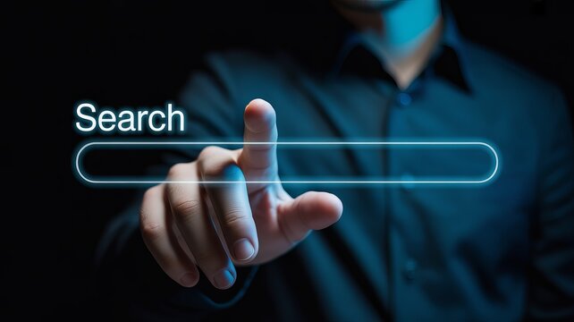 Professional business person touching a glowing virtual search bar on a dark blue background screen interface