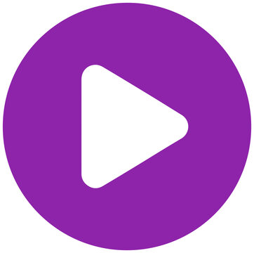 Classic solid Purple circular media play button icon with a cutout transparent triangle arrow, simple interface streaming symbol for video and audio players isolated on transparent PNG background