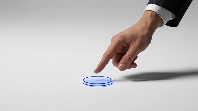 Professional businessman in suit pressing a glowing blue virtual button on a clean white surface