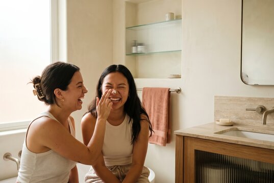 Woman dabbing cream on friends nose the moment both start laughing in bright bathroom, decisive playful skincare moment with copy space