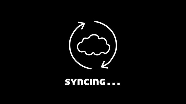 Cloud Data Synchronization Animation with Progress Bar and Rotating Arrows on a Black Background