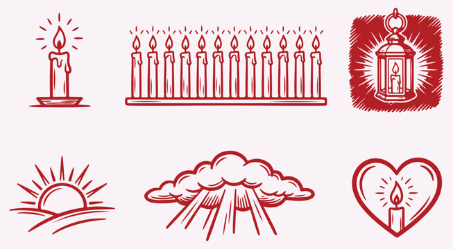 Religious spiritual icons set featuring candles menorah sunrise cloud rays and heart hand drawn vector illustration collection faith worship tradition