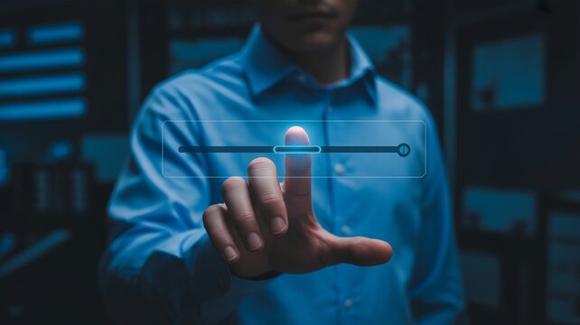 Professional businessman in a blue shirt interacts with a glowing digital loading bar interface screen