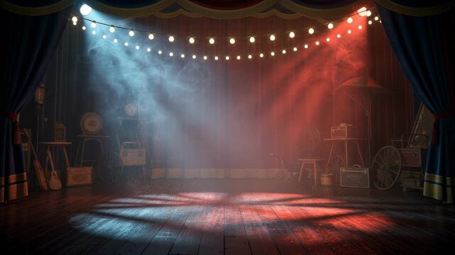 Vintage theater stage with dramatic red and blue spotlights and rustic props under string lights