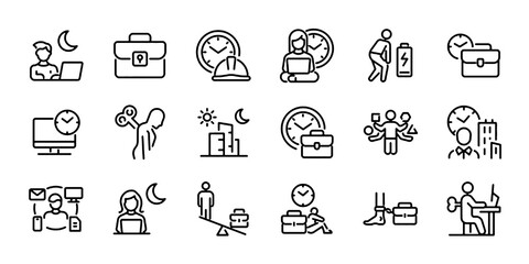 Fototapeta premium Set of outline icons related to workaholic. Linear icon collection. Editable stroke. Vector illustration
