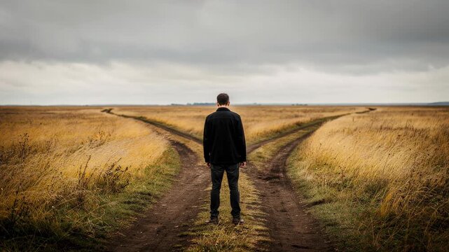 Man facing forked dirt road in golden field under cloudy sky representing decision making and choices