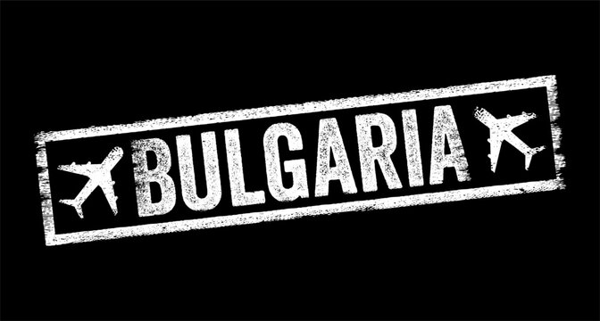 BULGARIA rectangular grungy textured rubber stamp imprint featuring airplane silhouettes. Distressed vintage travel seal design element for tourism, vacation, flight, and global journey concepts.