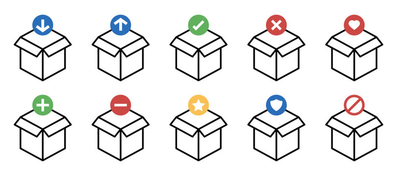 Conjunto de iconos de estados de paquetes. Representa seguimiento, env&iacute;o, entrega y estado de pedidos. Ilustraci&oacute;n vectorial