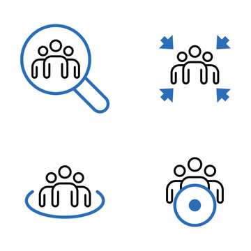 Conjunto de iconos de segmentaci&oacute;n de audiencia. Representa b&uacute;squeda, selecci&oacute;n, alcance y p&uacute;blico objetivo. Ilustraci&oacute;n vectorial