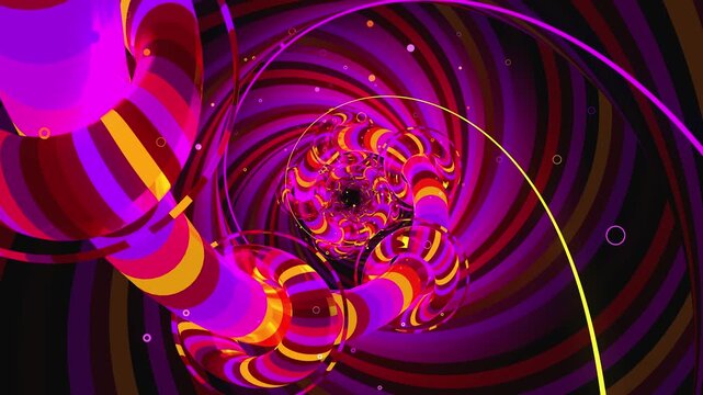 Abstract digital VJ loop vortex made of twisting torus chains, spiral orbital paths and cosmic ring arrays, creating deep astrophysics science background.