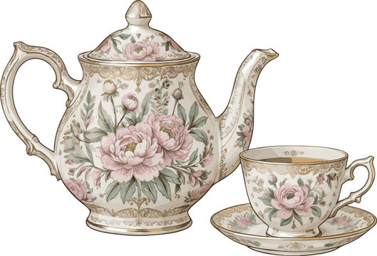 Generated on Hand-Drawn Vintage Floral Teapot and Cup Set.Vector illustration on white background