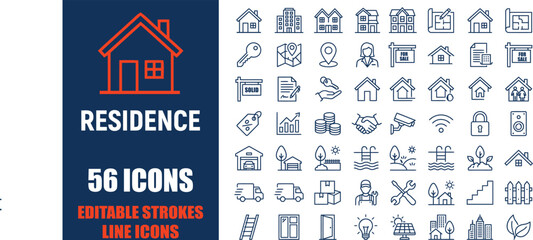 Naklejka premium Real estate line icons set. Includes outline symbols for house, apartment, key, location pin, price tag, security camera, and moving truck. Vector illustration for residence property market.