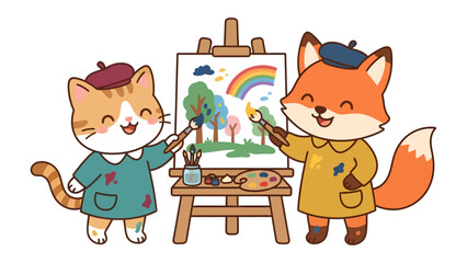 Cute Cat and Fox Painting a Rainbow Landscape: Two adorable anthropomorphic animal friends, a cat and a fox, wearing berets and artist smocks, happily paint a vibrant landscape with trees, a rainbow.