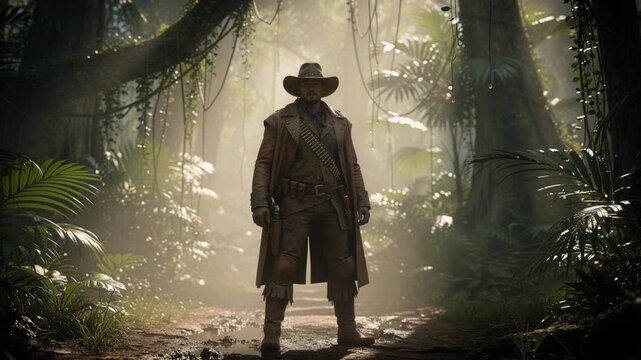 Man in cowboy outfit standing in lush tropical rainforest with sunlight filtering through trees