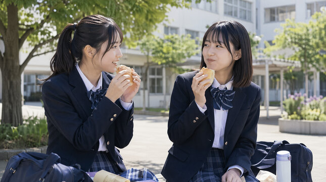 昼休み、校舎の外でランチ（パン）を食べる日本人の女子高生たちのイメージ