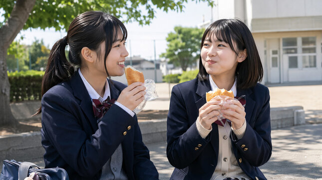 昼休み、校舎の外でランチ（パン）を食べる日本人の女子高生たちのイメージ