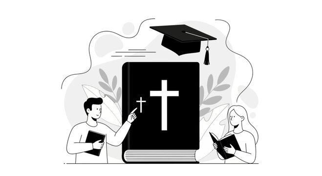 A man and woman studying religious texts with a graduation cap above a large bible.