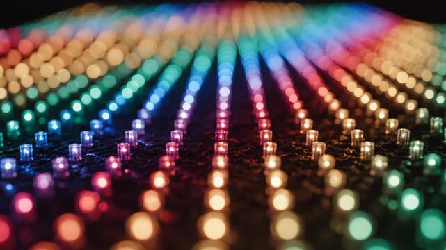 Macro shot of multiple rows of tiny colorful LED lights in rainbow spectrum colors on a dark surface with selective focus and soft blurred bokeh in the background distance.
