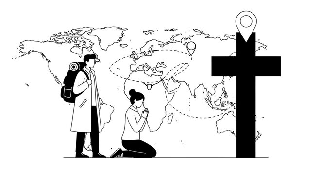 A man with a backpack and a woman kneeling in prayer before a large Christian cross.