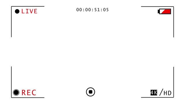 Camera viewfinder, camera streaming recorder, footage. Disply camera frame viewfinder, Video camera recorder screen overlay, rec text camera recording icon black backgound animation on white screen