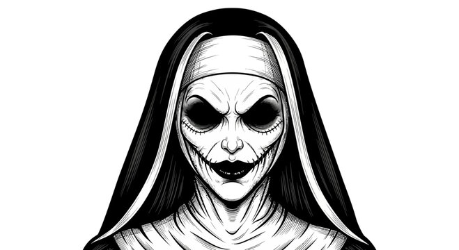 A terrifying black and white illustration of a demonic nun with hollow eyes.
