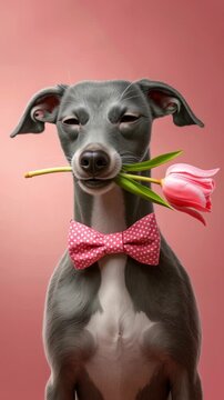 Cute grey whippet dog wearing pink bowtie and holding tulip flower in mouth