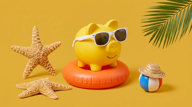 Happy cartoon emoji on inflatable ring with beach accessories