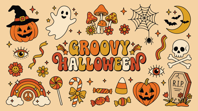 Groovy Halloween Doodle Collection With Cute Retro Spooky Elements