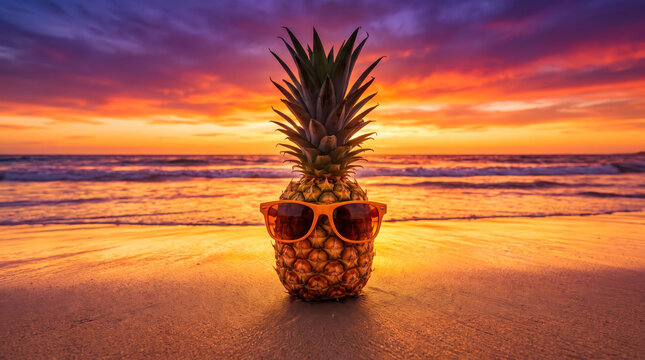 Person wearing pineapple on head with sunglasses at sunset beach