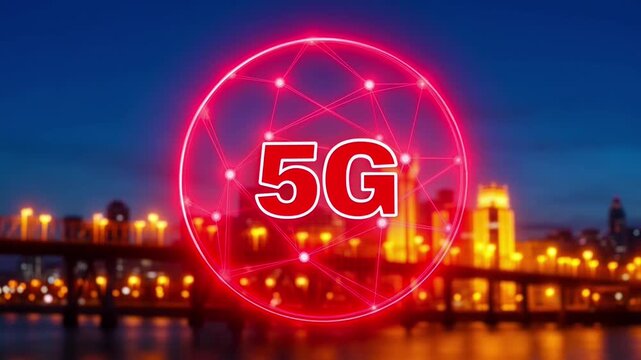 5 g network technology concept with glowing digital connection sphere over city skyline