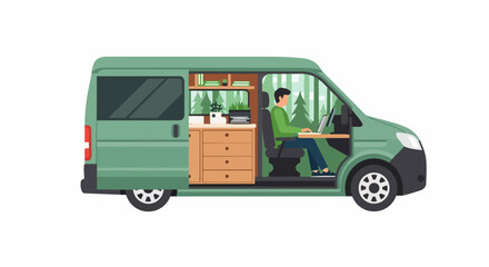 Obraz premium Digital Nomad Working on Laptop in Mobile Office Camper Van, Remote Work and Van Life Vector Illustration Isolated on White