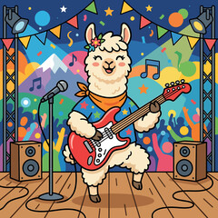 Fototapeta premium Cute cartoon llama playing electric guitar on a colorful concert stage with a cheering crowd.