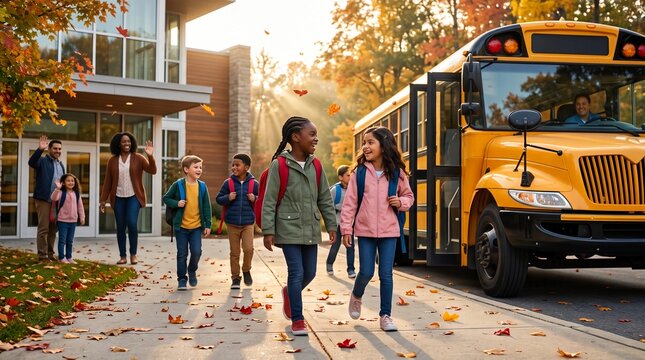 Happy Students Walking Toward School Bus on a Sunny Autumn Morning, Back to School Education Concept