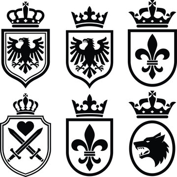 Heraldic coat of arms shield collection featuring royal crests, medieval emblems and heraldry vector illustration set design