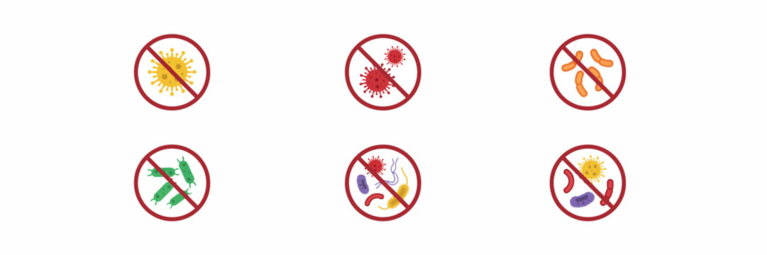 Set of six prohibited pathogen and microorganism icons on transparent background
