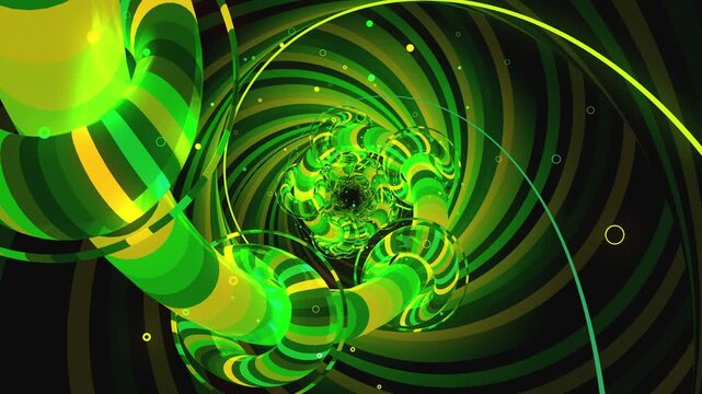 Abstract digital VJ loop vortex made of twisting torus chains, spiral orbital paths and cosmic ring arrays, creating deep astrophysics science background.