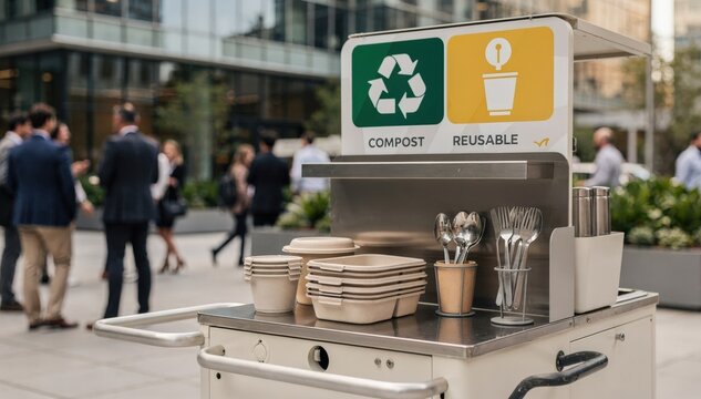 A zerowaste mobile food station at an office plaza captured in medium shot highlighting clear waste signage and reusable packaging against a blurred backdrop of urban workers.